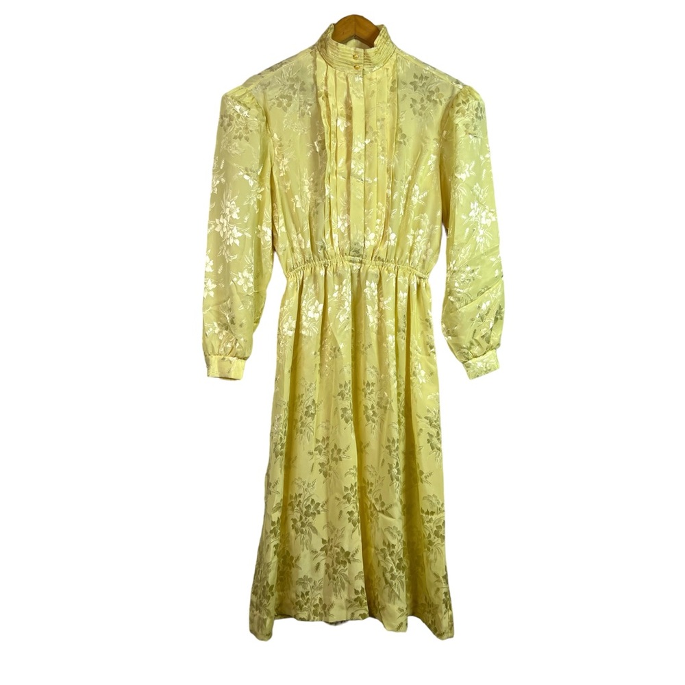 Vintage Victorian French Silk Floral Yellow Collar Dress Size S